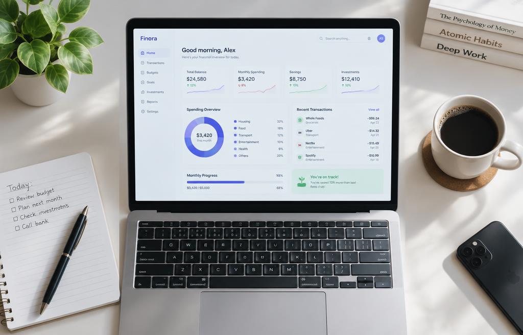 A tidy desk with a laptop showing the Statemint finance dashboard